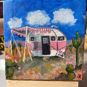 Original acrylic mini painting of vintage trailer. 4”x4”